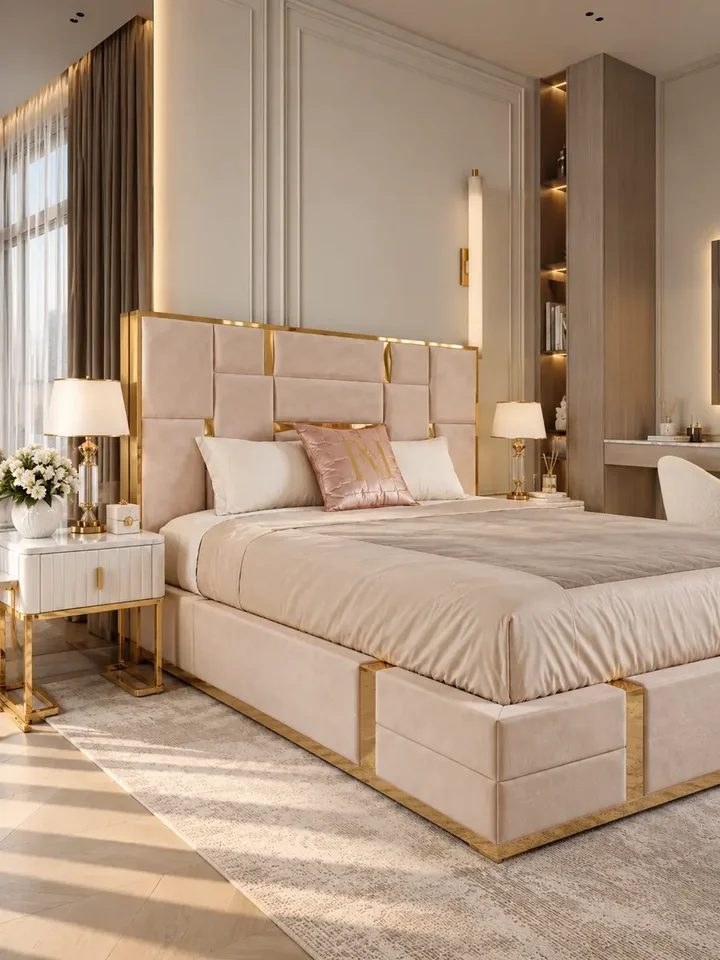 Perspektywa łóżka glamour tapicerowanego, ukazująca harmonijne połączenie materiałów od Primavera Home.