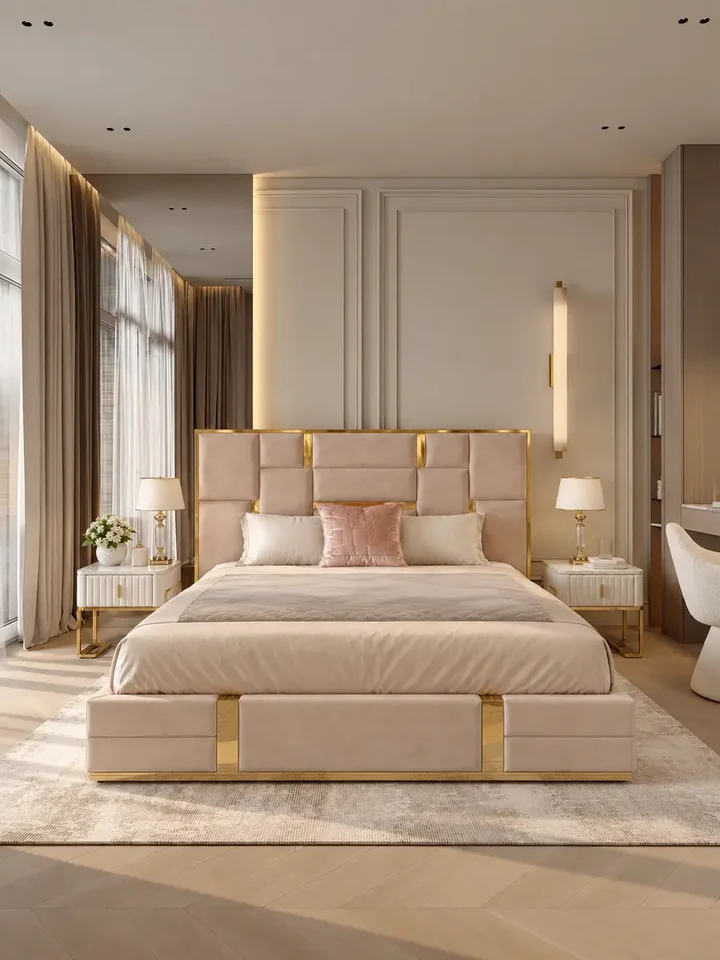 Ekskluzywna ekspozycja łóżka glamour w showroomie Primavera Home, eksponująca jego subtelny urok.