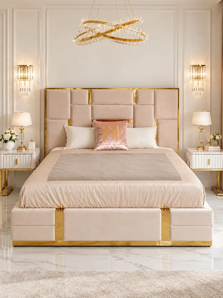 Widok boczny łóżka glamour tapicerowanego, prezentujący jego elegancki design i funkcjonalny pojemnik na pościel.