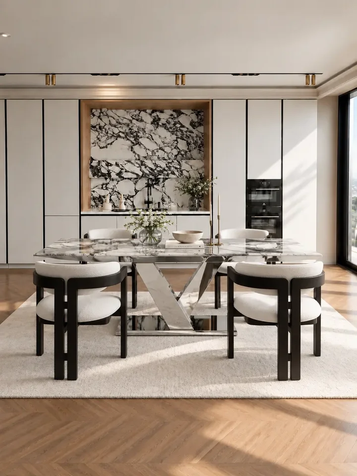 Zbliżenie na detal wykończenia blatu. Stół LV COLLECTION Srebrny od Primavera Home.