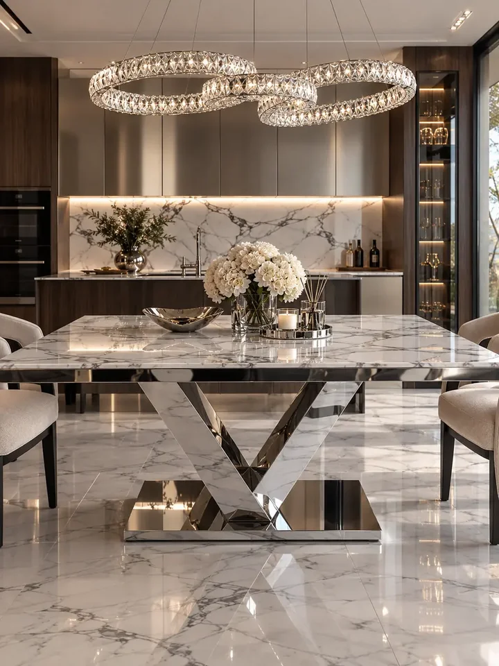 Stół LV COLLECTION Srebrny oczarowuje swoim designem w ujęciu z boku. Ekspozycja w salonie od Primavera Home.