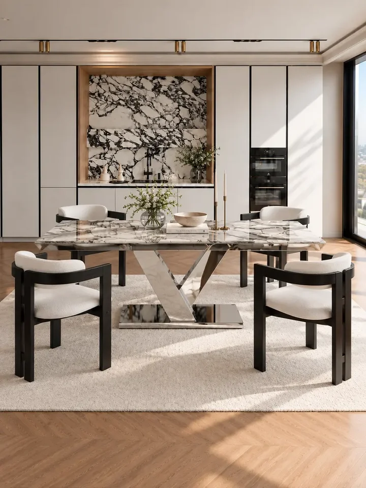 Zbliżenie na powierzchnię konglomeratu. Stół LV COLLECTION Srebrny w aranżacji od Primavera Home.