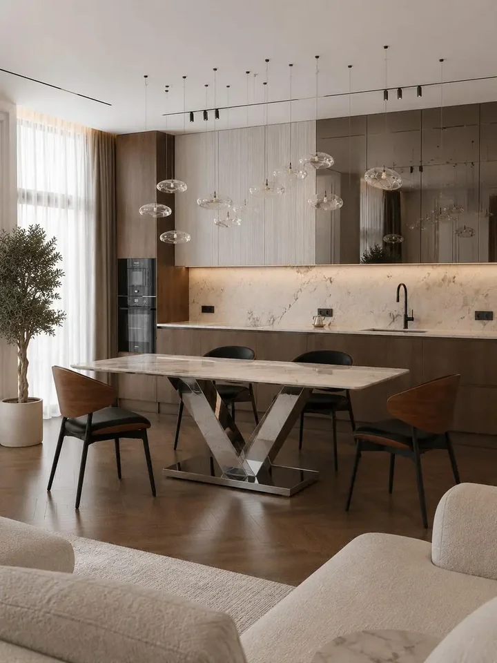 Stół LV COLLECTION Srebrny na tle zieleni, w otoczeniu roślin. Ekspozycja w salonie od Primavera Home.