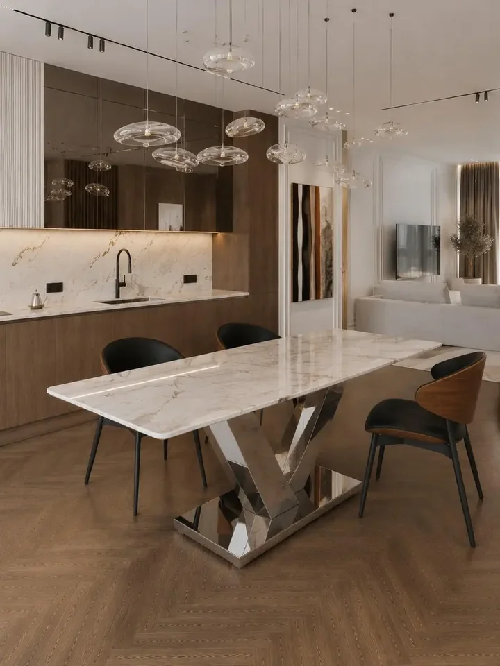 Stół LV COLLECTION Srebrny przy dużym oknie, w pełnym świetle. Meble na zamówienie od Primavera Home.