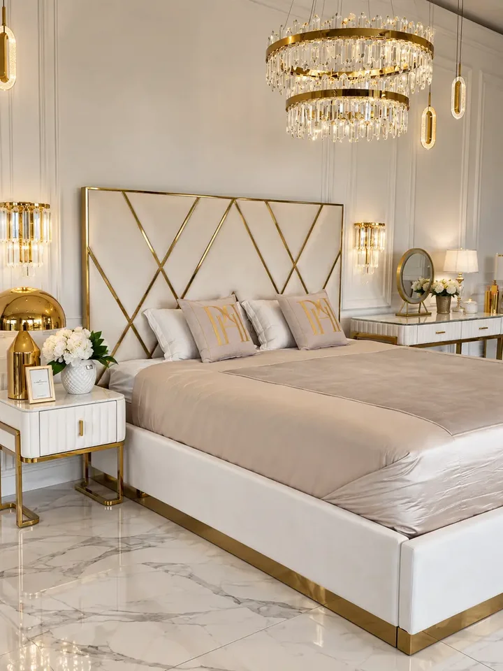 Zbliżenie na detal blatu z białego konglomeratu szafki nocnej glamour nowoczesnej, beżowej, złotej, stolika bocznego AMORE. Detal wykończenia od Primavera Home.
