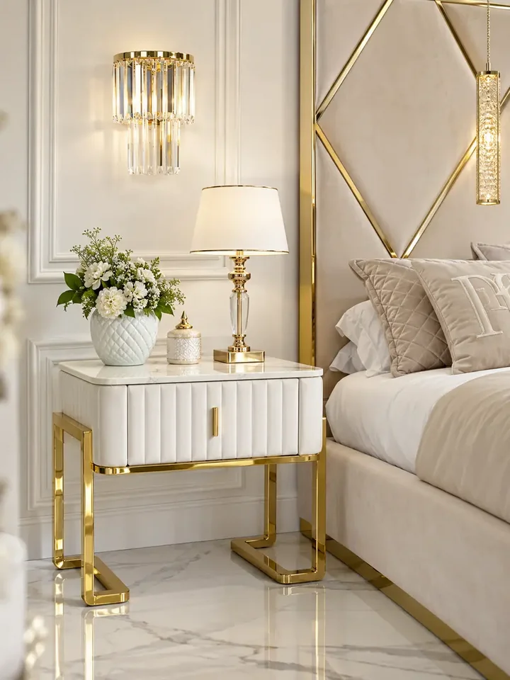 Widok z góry na szafkę nocną glamour nowoczesną, beżową, złotą, stolik boczny z szufladą AMORE, eksponującą elegancki blat. Meble na zamówienie od Primavera Home.