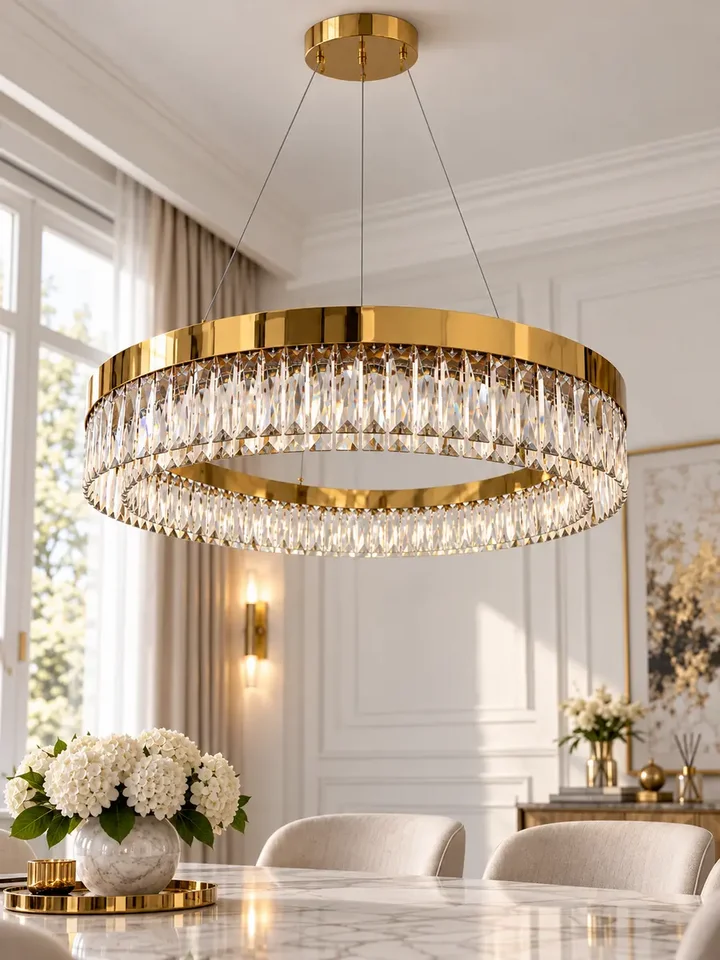 Stylizacja Żyrandola Kryształowego Ring Złoty 80 cm Diamond z eleganckimi meblami, ekspozycja w salonie od Primavera Home.