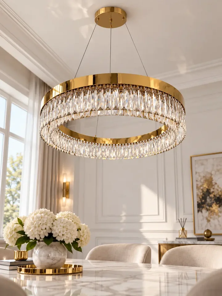 Aranżacja Żyrandola Kryształowego Ring Złoty 80 cm Diamond w jadalni, meble na zamówienie od Primavera Home.