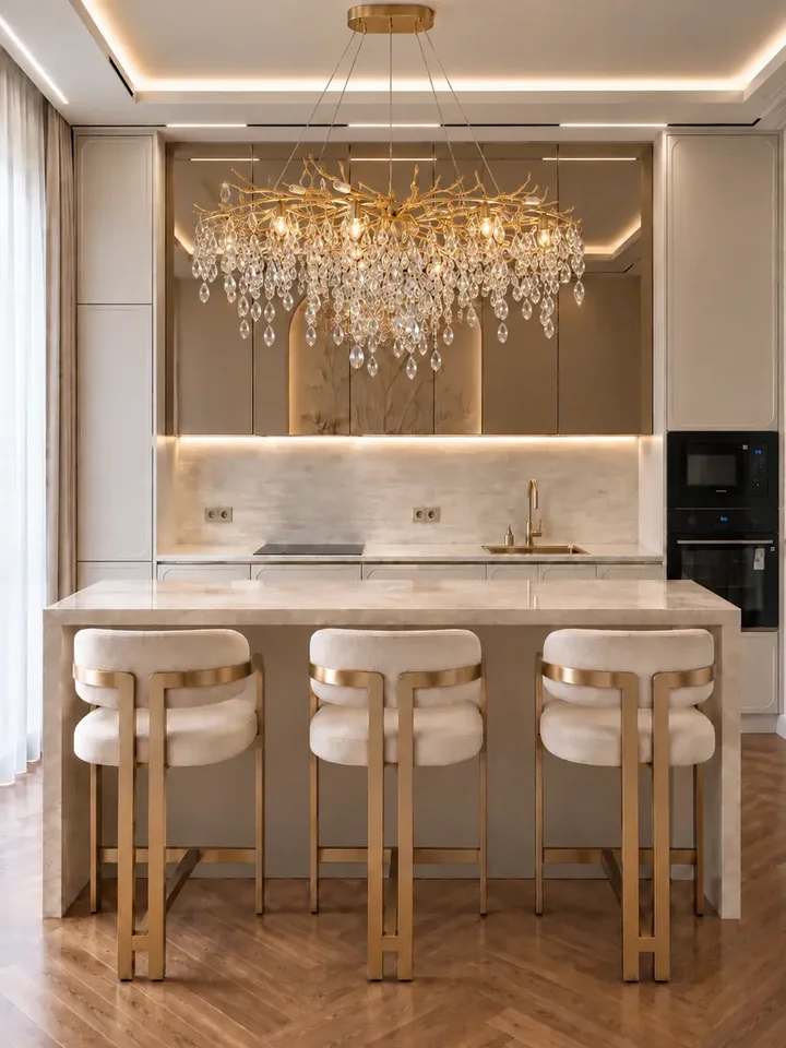 Żyrandol kryształowy złoty QUEEN w jasnym wnętrzu, perfekcyjny element dekoracyjny od Primavera Home.