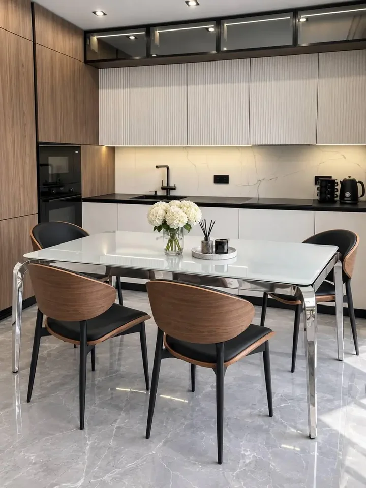 Zbliżenie na detal wykończenia designerskiego stołu glamour ze szklanym blatem, stalowy, nowoczesny, srebrny ELITE, prezentujący wysoką jakość materiałów od Primavera Home.