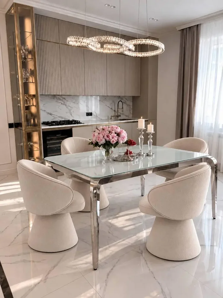Ekspozycja designerskiego stołu glamour ze szklanym blatem, stalowego, nowoczesnego, srebrnego ELITE w showroomie, pokazująca jego wyjątkowy design od Primavera Home.