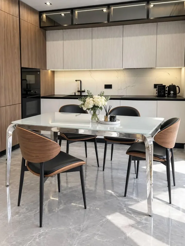 Perspektywiczne ujęcie designerskiego stołu glamour ze szklanym blatem, stalowego, nowoczesnego, srebrnego ELITE, który przyciąga wzrok w każdej przestrzeni, dzięki Primavera Home.