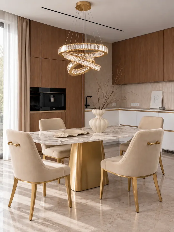 Krzesło beżowe złote nowoczesne designerskie z uchwytem do jadalni NAOMI z widokiem z boku w eleganckim wnętrzu. Eksplozja stylu od Primavera Home.