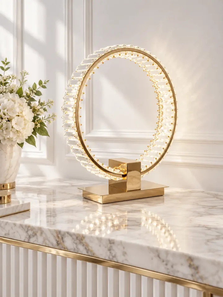Lampa Stołowa Kryształowa Ring Złota Eclipse w widoku z boku, elegancka ekspozycja w salonie od Primavera Home.