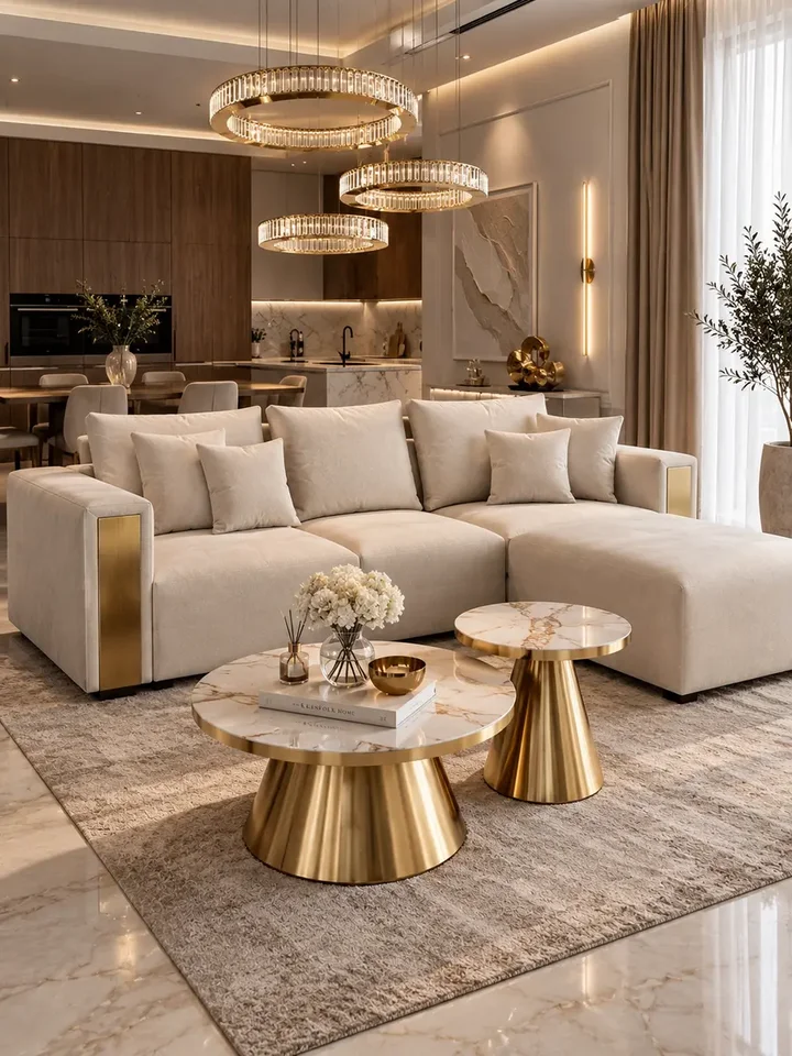 Nowoczesna sofa beżowa złota 3 osobowa 240 cm DIVINO w ujęciu z przodu. Ekspozycja w salonie od Primavera Home.