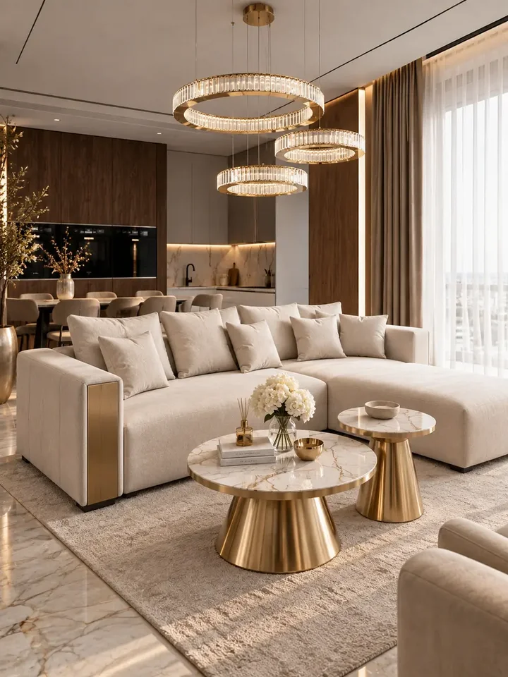 Sofa w stylowym wnętrzu z dodatkami dekoracyjnymi. Detal wykończenia od Primavera Home.