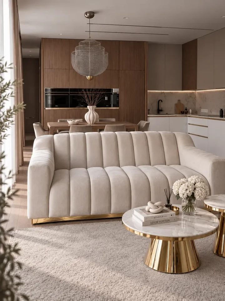 Sofa LONDON Beżowa w kontekście całego zestawu mebli. Ekspozycja w salonie od Primavera Home.