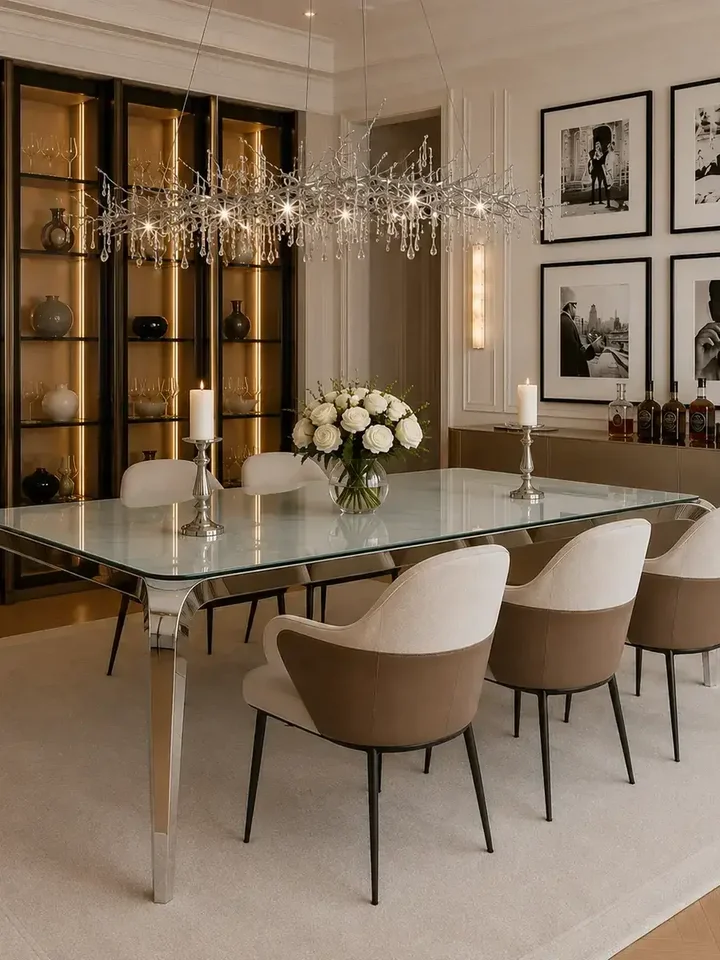 Designerski stół glamour ze szklanym blatem, stalowy, nowoczesny, srebrny ELITE w jasnym wnętrzu, które podkreśla jego elegancję, dostępny w Primavera Home.
