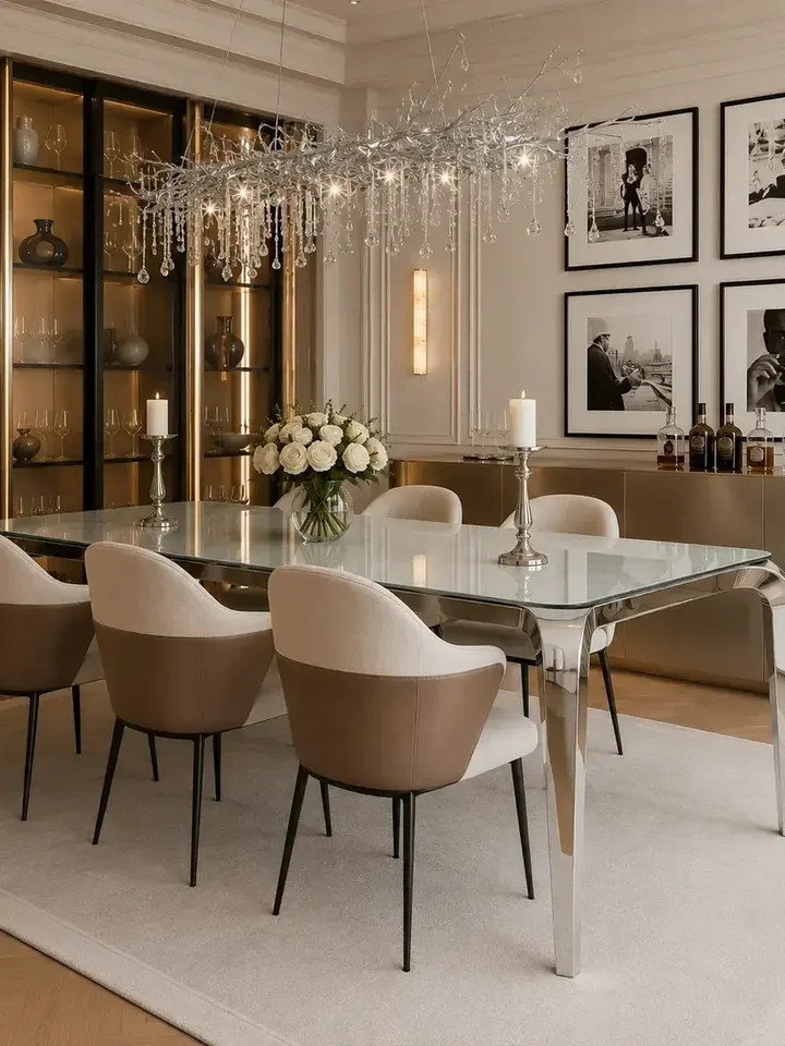 Widok z góry na designerski stół glamour ze szklanym blatem, stalowy, nowoczesny, srebrny ELITE, doskonały do każdego wnętrza, oferowany przez Primavera Home.