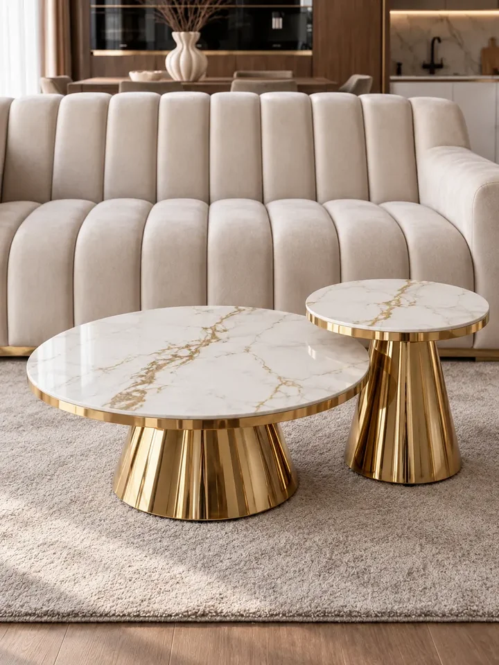 Perspektywiczne ujęcie stolika kawowego BOND glamour prezentującego swój elegancki design. Meble na zamówienie od Primavera Home.