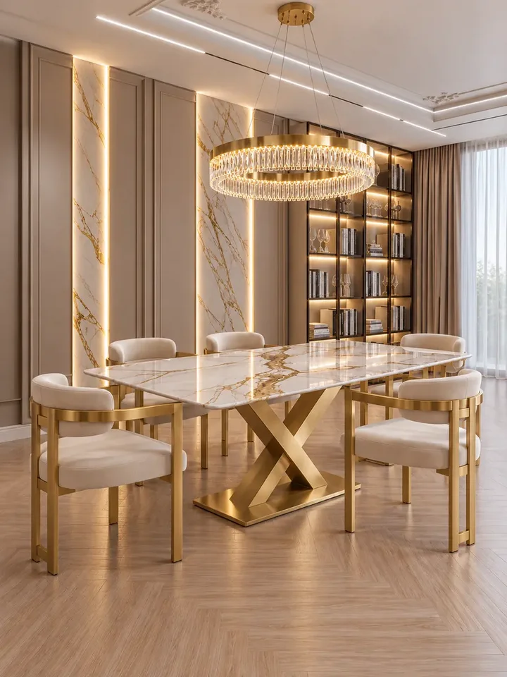 Detal nóg złotego stołu rozkładanego z blatem spiek kwarcowy biały złoty, prezentujący elegancki design od Primavera Home.
