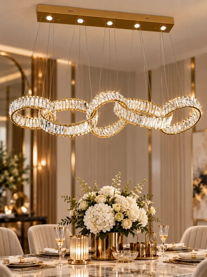 Żyrandol CRYSTAL 5 Złoty w cichym kącie wnętrza. Ekspozycja w salonie od Primavera Home.