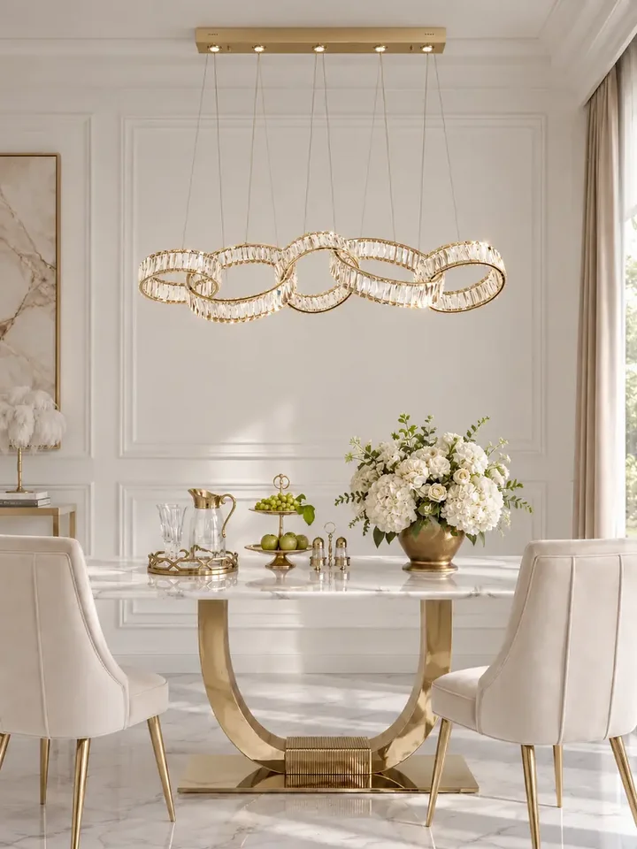 Żyrandol CRYSTAL 5 Złoty z widokiem z boku. Ekspozycja w salonie oferująca eleganckie rozwiązania od Primavera Home.