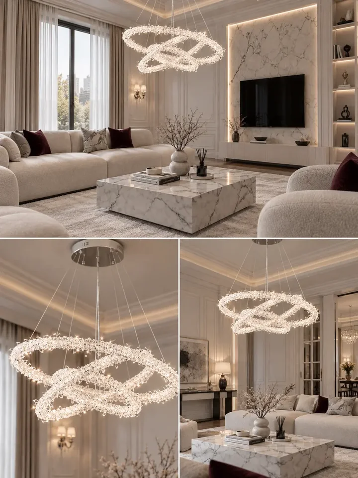 Żyrandol ICE XL Srebrny w aranżacji nowoczesnego salonu. Stylowe oświetlenie od Primavera Home dla przestronnych wnętrz.