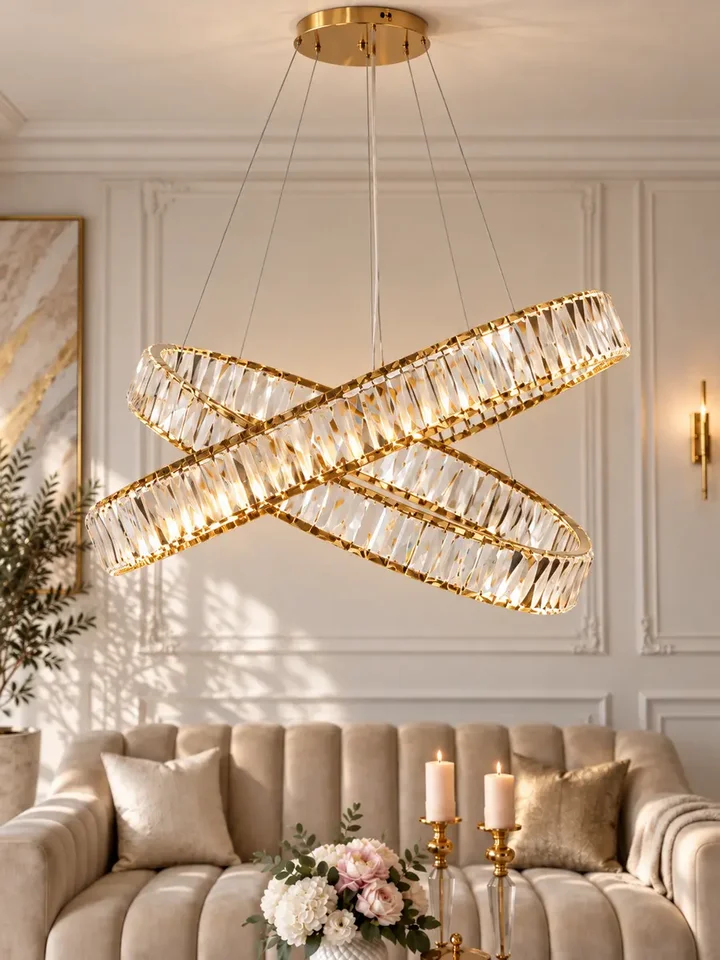 Żyrandol Kryształowy Złoty Dwupoziomowy CRYSTAL L widziany od dołu. Ekspozycja w eleganckim wnętrzu od Primavera Home.
