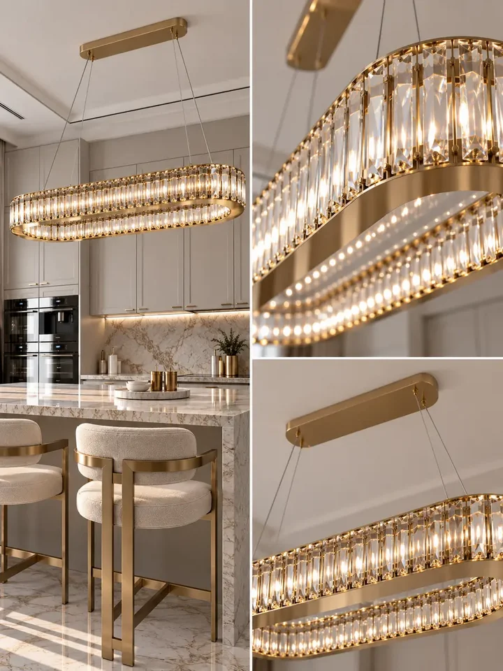 Nowoczesna aranżacja wnętrza z żyrandolem kryształowym złotym, idealnym do eleganckiego salonu. Lampa wisząca ECLIPSE od Primavera Home.