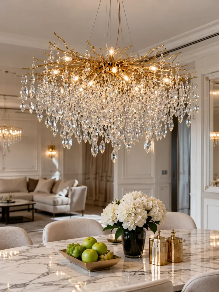 Zbliżenie na kryształowe detale żyrandola złotego QUEEN, podkreślające jego elegancję od Primavera Home.