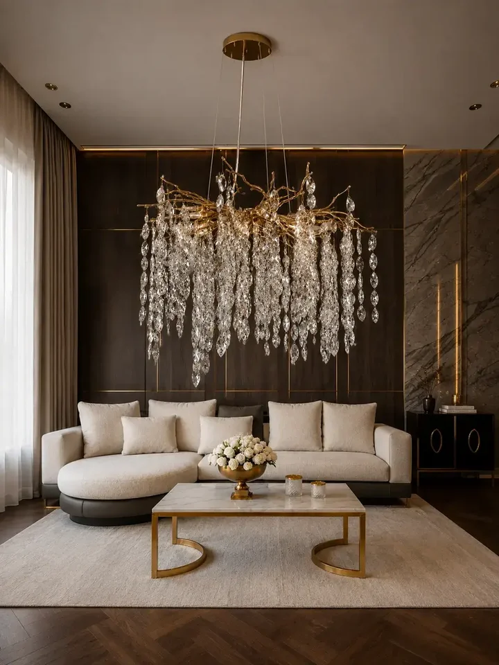 Widok żyrandola kryształowego złotego QUEEN przez okno, które wprowadza elegancję do wnętrza od Primavera Home.