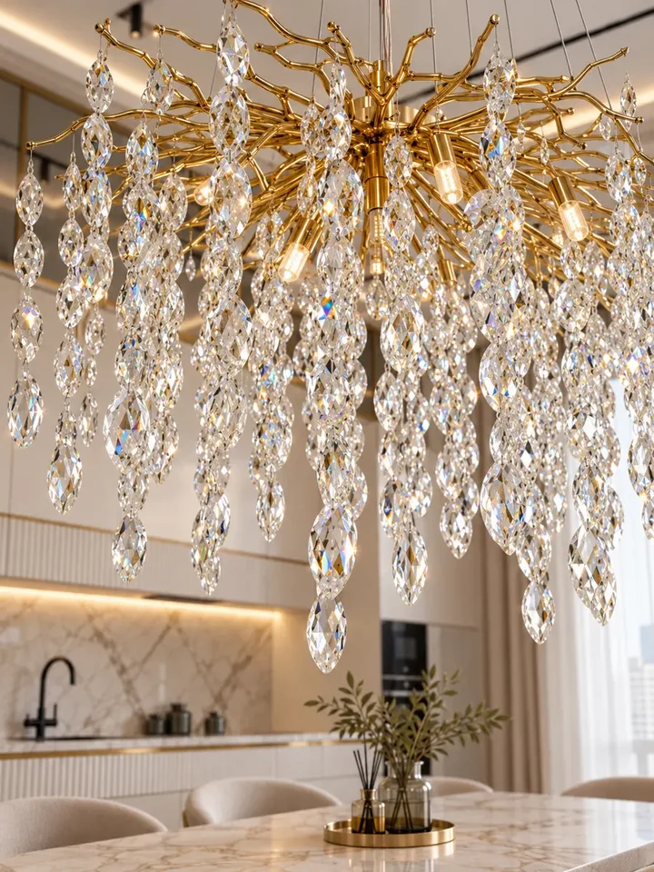 Widok z dołu na żyrandol kryształowy złoty QUEEN, idealny do każdego eleganckiego wnętrza od Primavera Home.