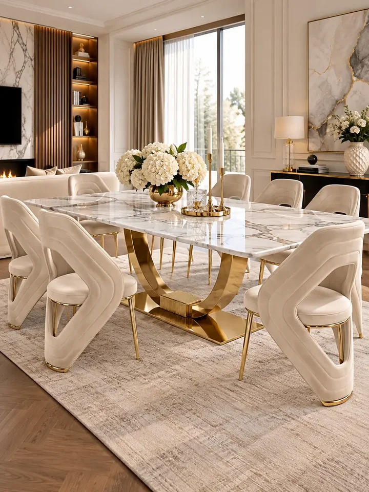 Perspektywa stołu glamour w designerskiej aranżacji, harmonijnie wpisującego się w nowoczesny design. Espozycja w salonie z Primavera Home.