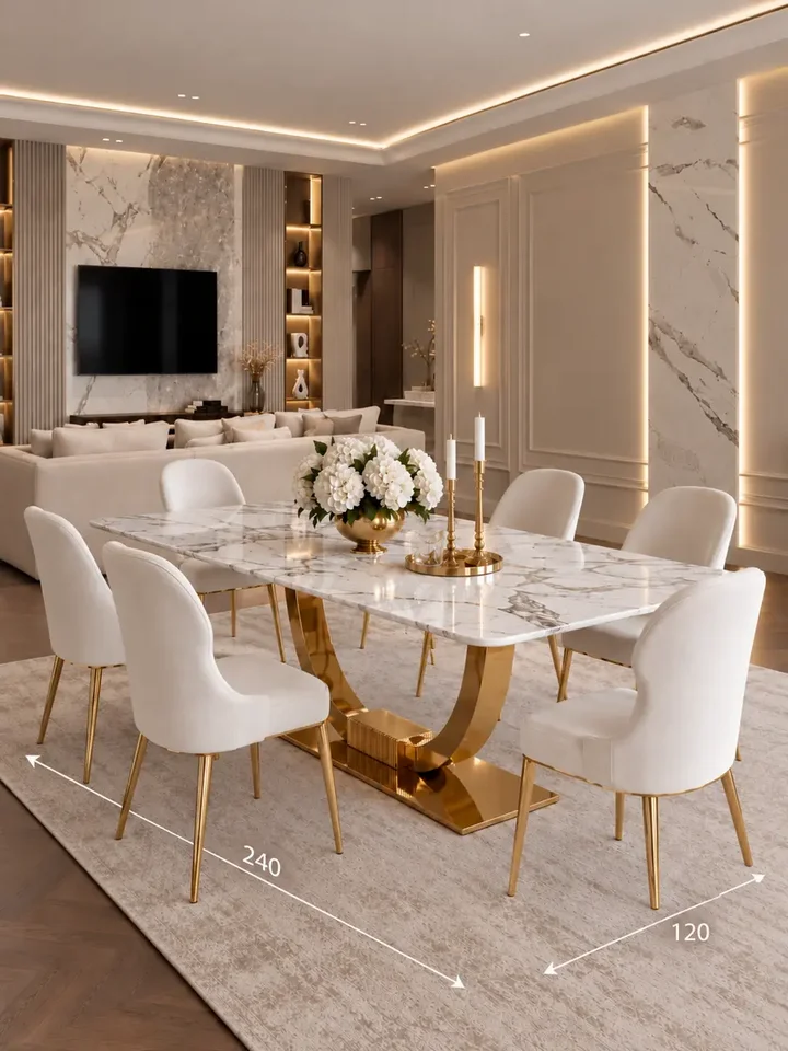 Zestaw stół złoty z białym marmurowym blatem 240 cm ART DECO + 10 krzeseł beżowo złotych Louis w ujęciu z przodu. Oświetlenie na zamówienie od Primavera Home.