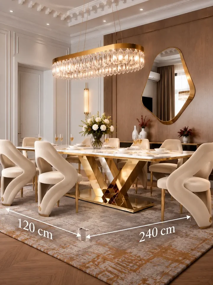 Stół glamour w świetle cienia, prezentujący swoją elegancję w różnych warunkach oświetleniowych, od Primavera Home.