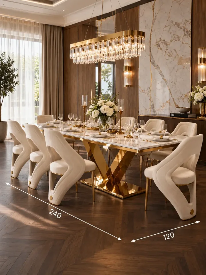 Widok z boku ekskluzywnego stołu glamour, podkreślający elegancję i nowoczesny design od Primavera Home.