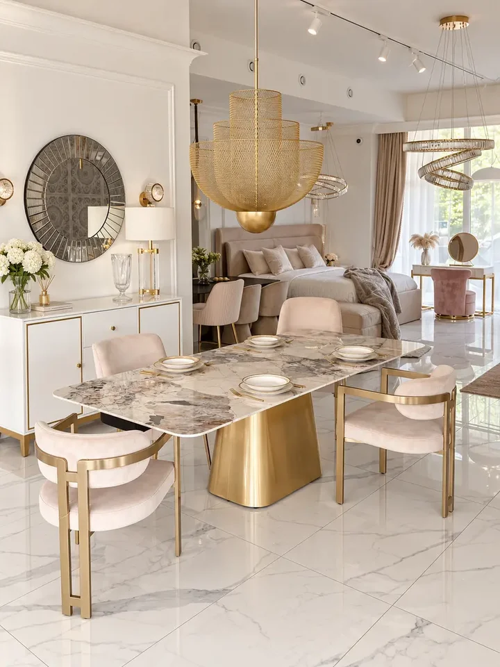 Widok z dolnej perspektywy na Krzesło beżowe złote nowoczesne designerskie w stylu włoskim ROMEO, podkreślającej jego elegancję od Primavera Home.