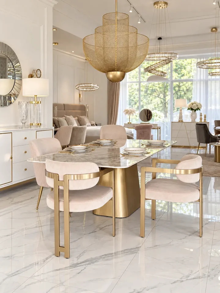 Zbliżenie na tkaninę welwetową Krzesła beżowego złotego nowoczesnego designerskiego w stylu włoskim ROMEO, dostępnego od Primavera Home.