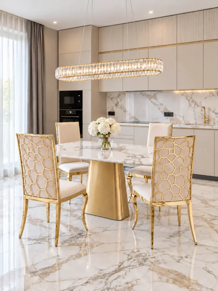 Krzesło glamour VITA złote beżowe do jadalni, pokazane w eleganckim showroomie. Ekspozycja w salonie od Primavera Home.