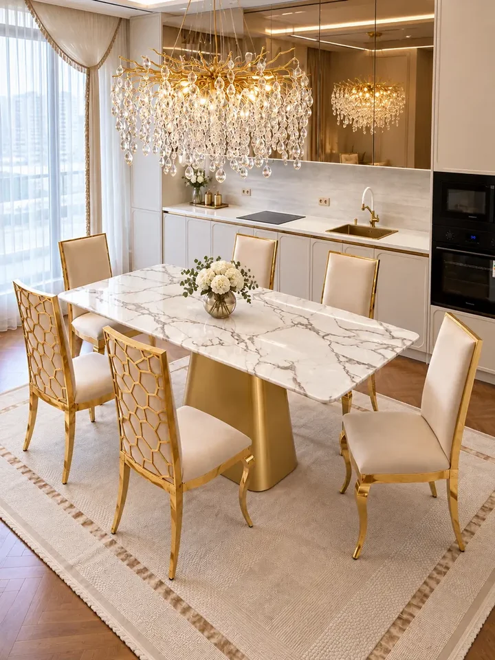 Krzesło glamour VITA złote beżowe do jadalni w jasnym wnętrzu, promieniujące elegancją. Ekspozycja w salonie od Primavera Home.