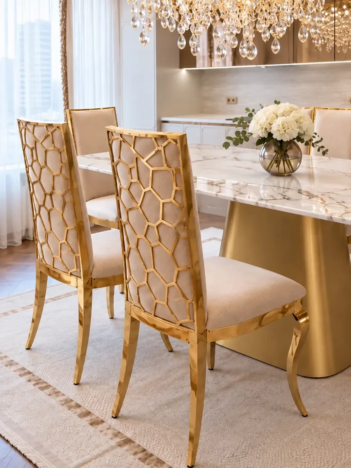 Krzesło glamour VITA złote beżowe do jadalni ukazane z boku. Detal wykończenia od Primavera Home.