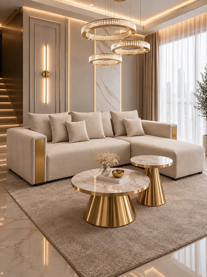 Beżowa sofa ukazana w wieczornym oświetleniu. Meble na zamówienie od Primavera Home.