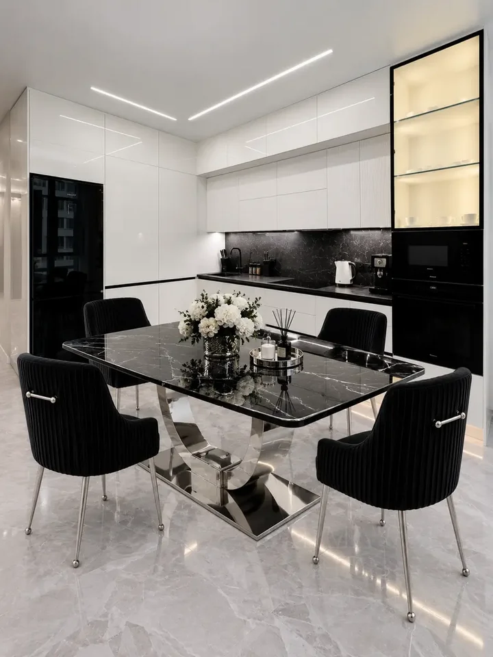 Nowoczesny stół srebrny czarny marmur do jadalni na 10 osób 240 cm ART DECO OUTLET Primavera Home ukazany z boku, idealny do aranżacji nowoczesnego wnętrza.