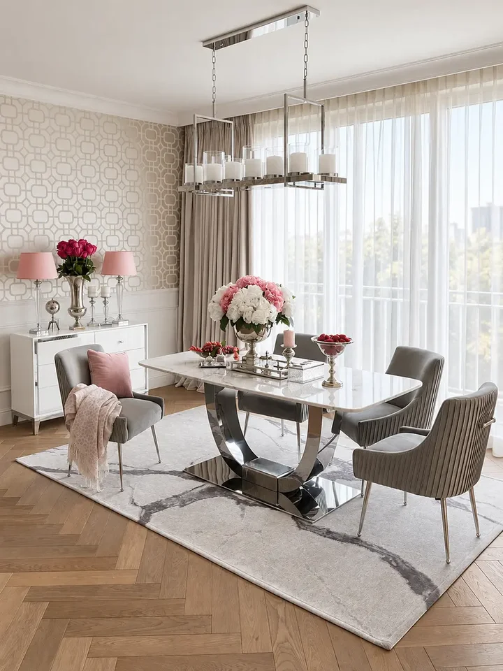 Zbliżenie na nogi stołu srebrnego z białym marmurowym, eksponujące ich subtelny design, który przyciąga uwagę, od Primavera Home.