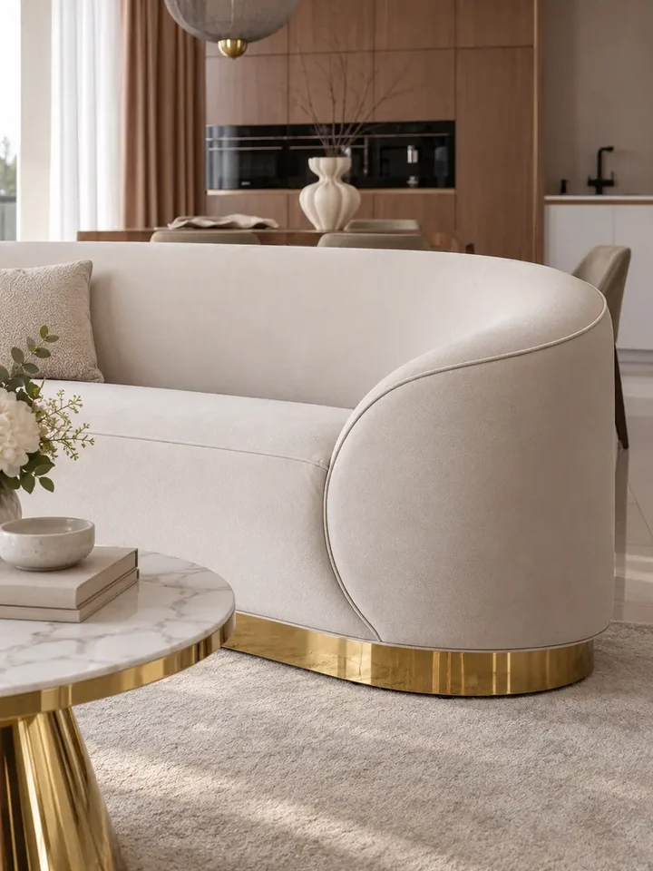 Sofa Beżowa Glamour Aksamitna FLORENCE Złote Nogi widziana z boku, doskonały detal wykończenia od Primavera Home.