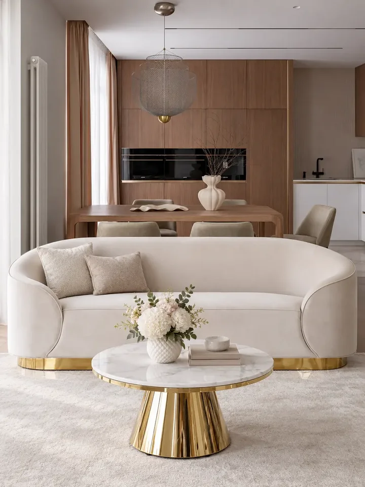 Zbliżenie na elegancki detal wykończenia sofy Beżowej Glamour Aksamitnej FLORENCE Złote Nogi od Primavera Home.
