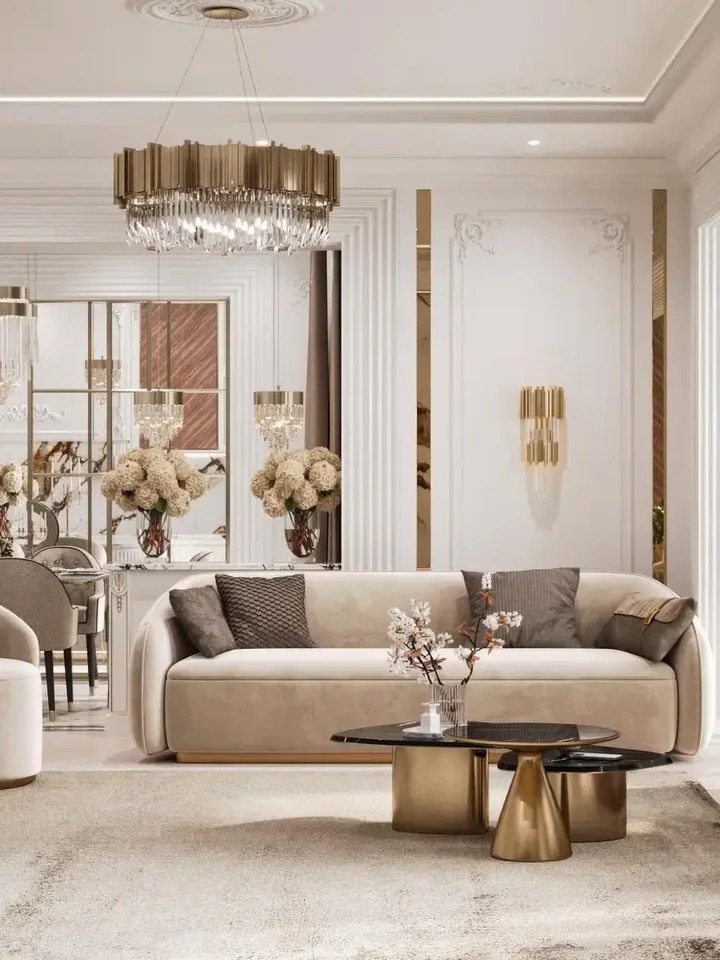 Ekspozycja sofy Beżowej Glamour Aksamitnej FLORENCE Złote Nogi w zestawieniu z innymi meblami od Primavera Home.