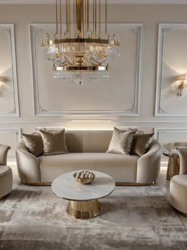 Sofa Beżowa Glamour Aksamitna FLORENCE Złote Nogi z detalem tkaniny, ukazującym plamoodporne właściwości od Primavera Home.