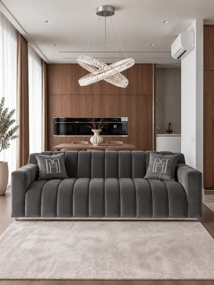 Sofa LONDON Nowoczesna z bliska, ukazująca swoje stalowe nogi. Detal wykończenia od Primavera Home.